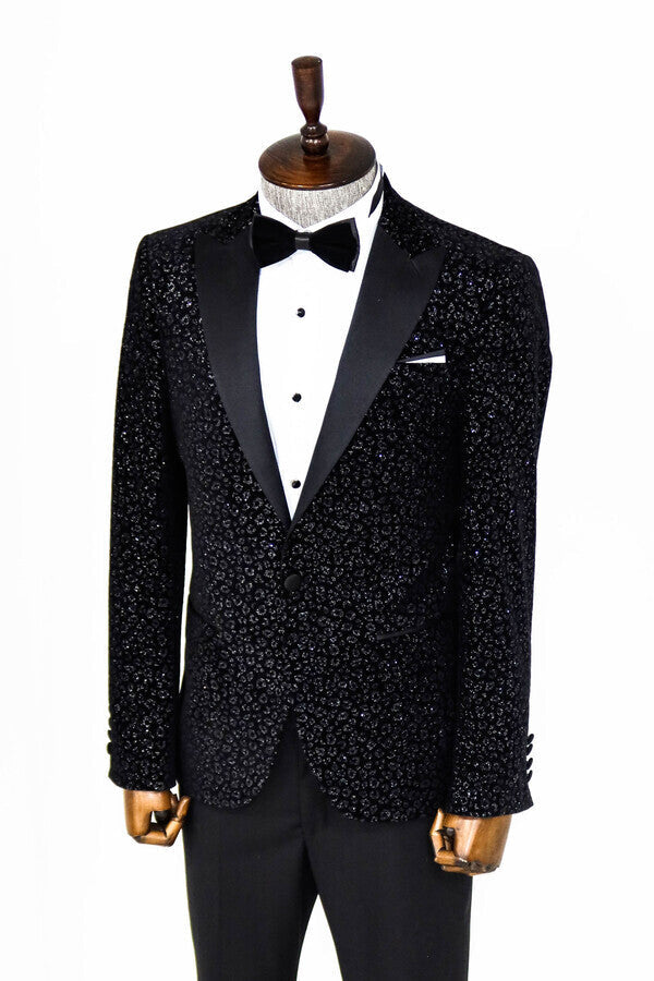 Leopard Pattern Slim Fit Black Men Prom Blazer - Wessi