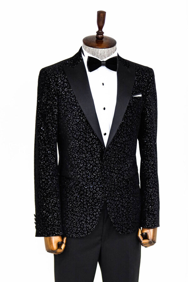 Leopard Pattern Slim Fit Black Men Prom Blazer - Wessi