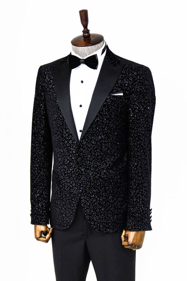 Leopard Pattern Slim Fit Black Men Prom Blazer - Wessi