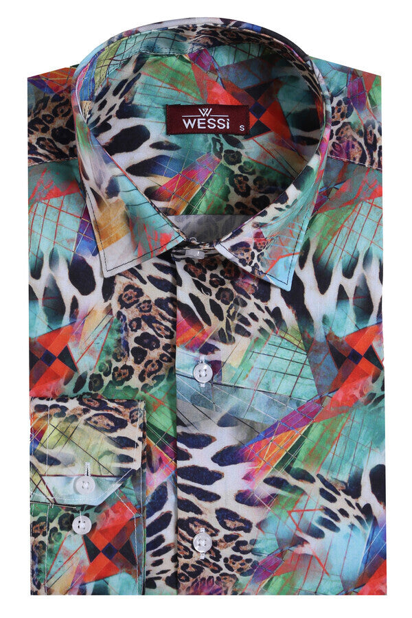 Camisa de hombre de manga larga entallada con estampado de leopardo multicolor - Wessi