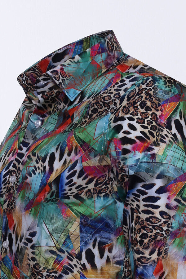 Camisa de hombre de manga larga entallada con estampado de leopardo multicolor - Wessi