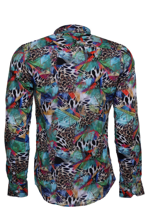 Camisa de hombre de manga larga entallada con estampado de leopardo multicolor - Wessi