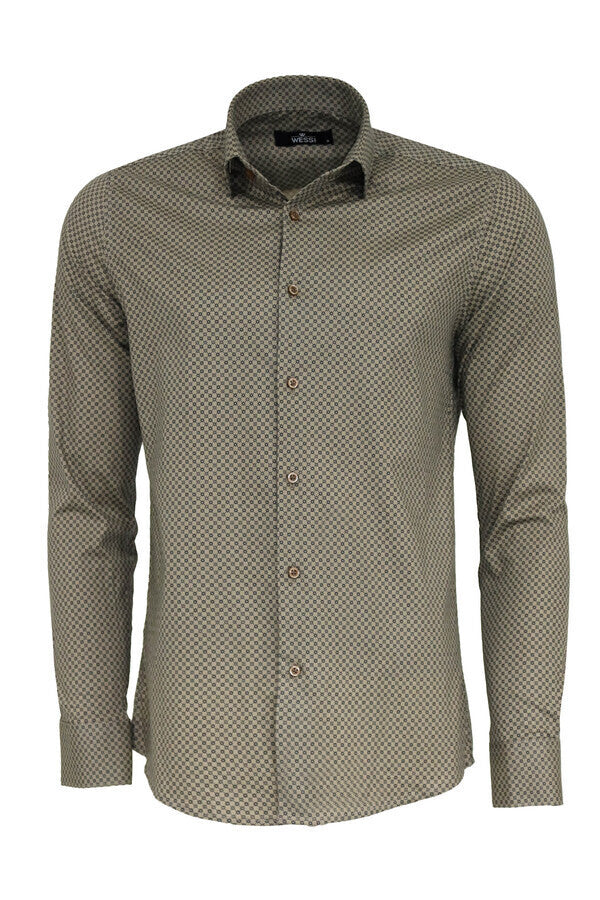 Tiny Check Patterned Slim Fit Light Brown Men Shirt - Wessi