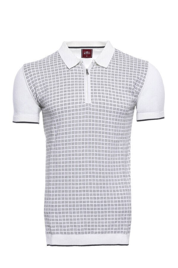 Light Grey Plaid Zippered Knitted Polo T-Shirt | Wessi