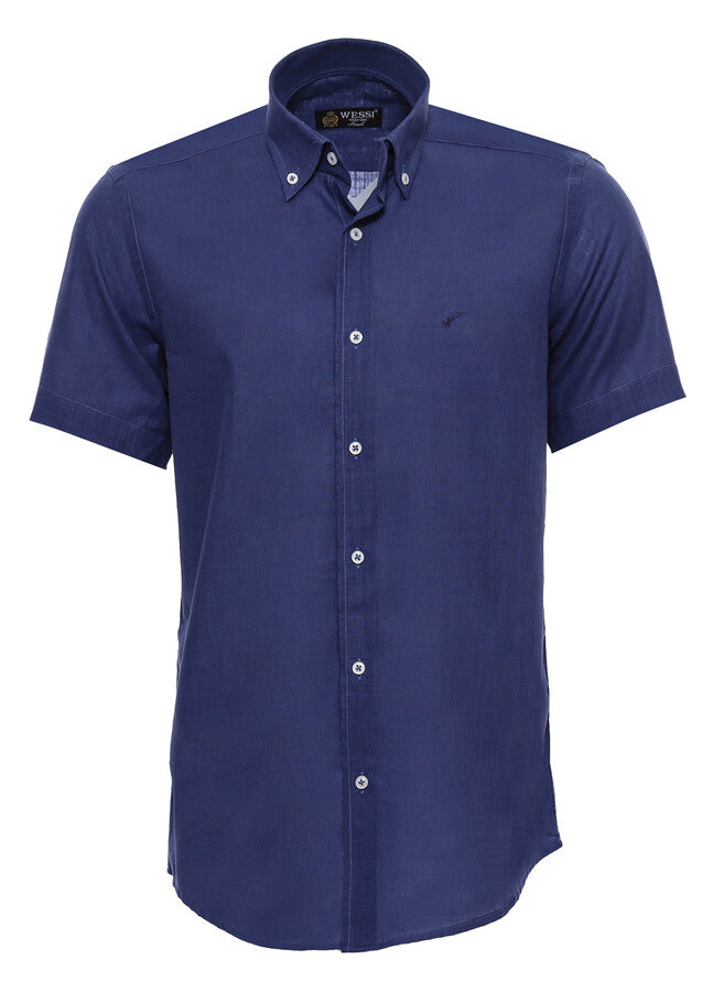 Camisa de hombre azul marino de manga corta de mezcla de lino - Wessi