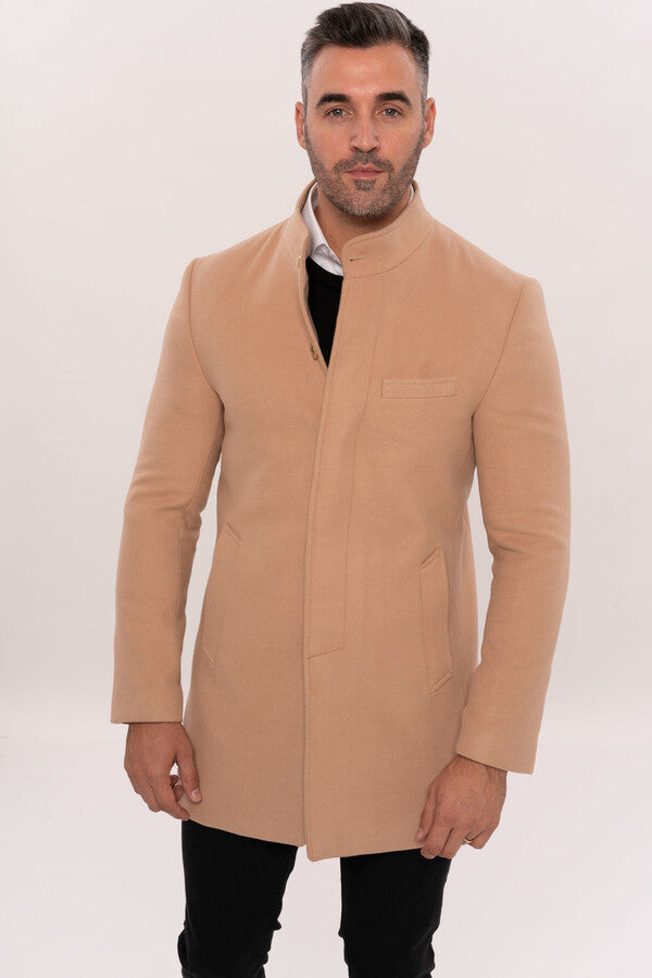 Mandarin Collar Beige Men's Long Men's Coat | Wessi