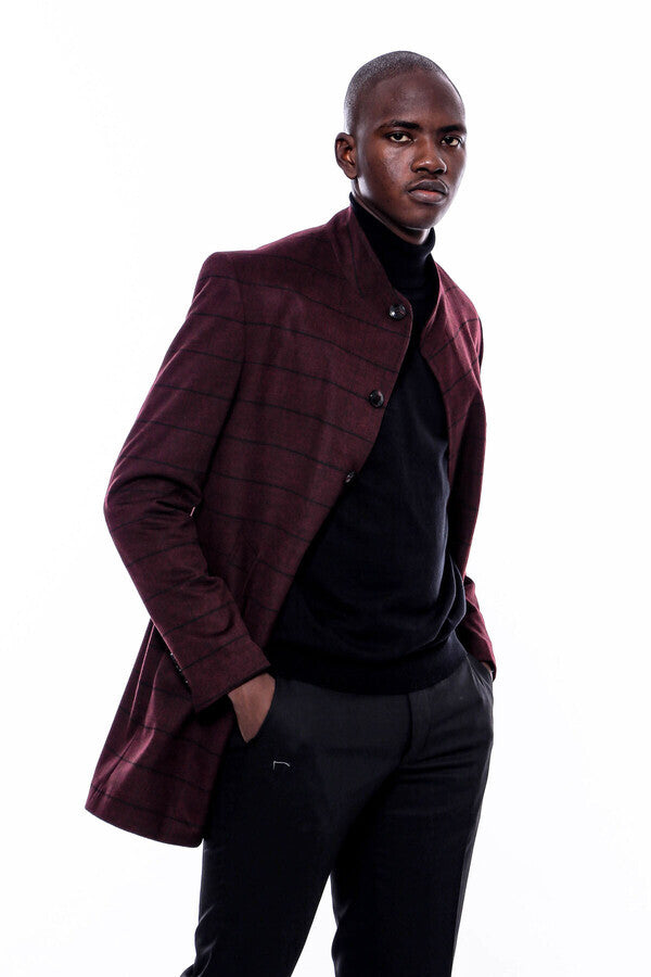 Mandarin Collar Burgundy Checked Coat - Wessi