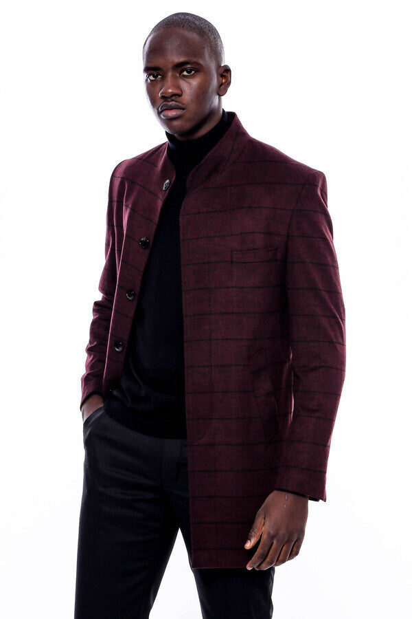 Mandarin Collar Burgundy Checked Coat - Wessi