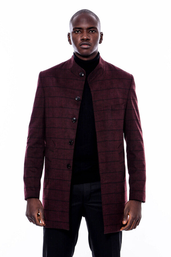 Mandarin Collar Burgundy Checked Coat - Wessi