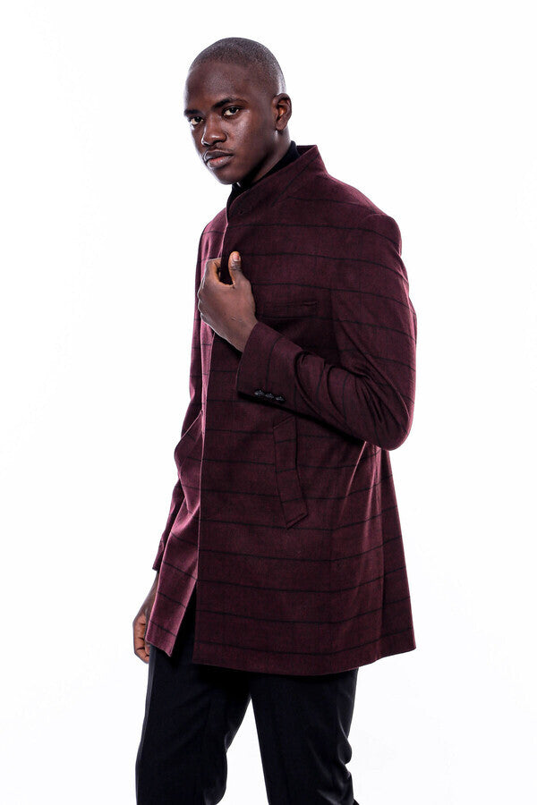 Mandarin Collar Burgundy Checked Coat - Wessi