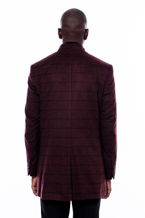 Mandarin Collar Burgundy Checked Coat - Wessi