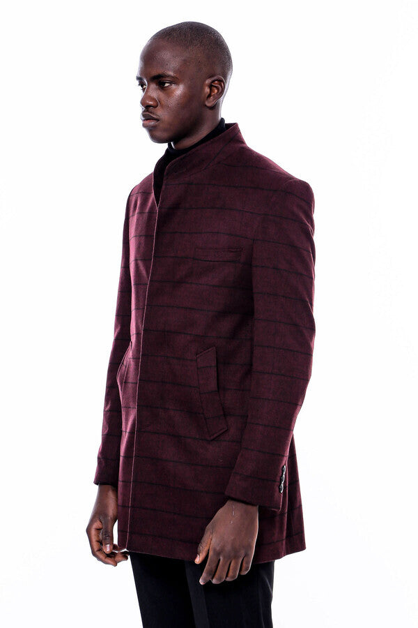 Mandarin Collar Burgundy Checked Coat - Wessi