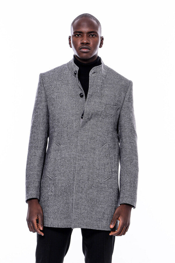 Mandarin Collar Grey Short Coat - Wessi