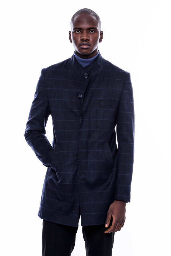 Mandarin Collar Navy Checked Coat - Wessi