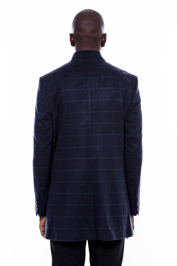 Mandarin Collar Navy Checked Coat - Wessi