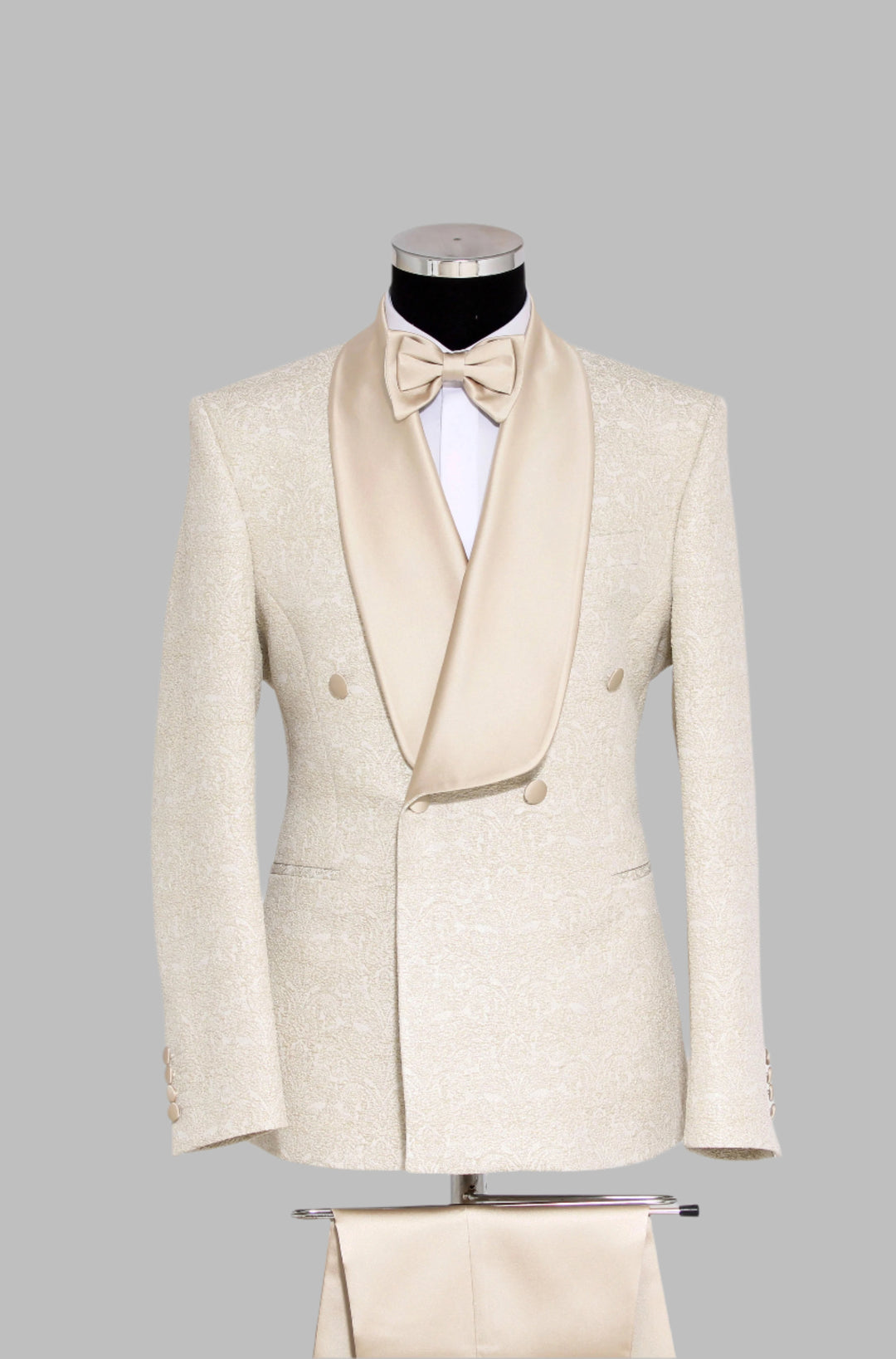 Brocade Double-Breasted Satin Lapel Ivory Men's Tuxedo with Bow Tie - Wessi