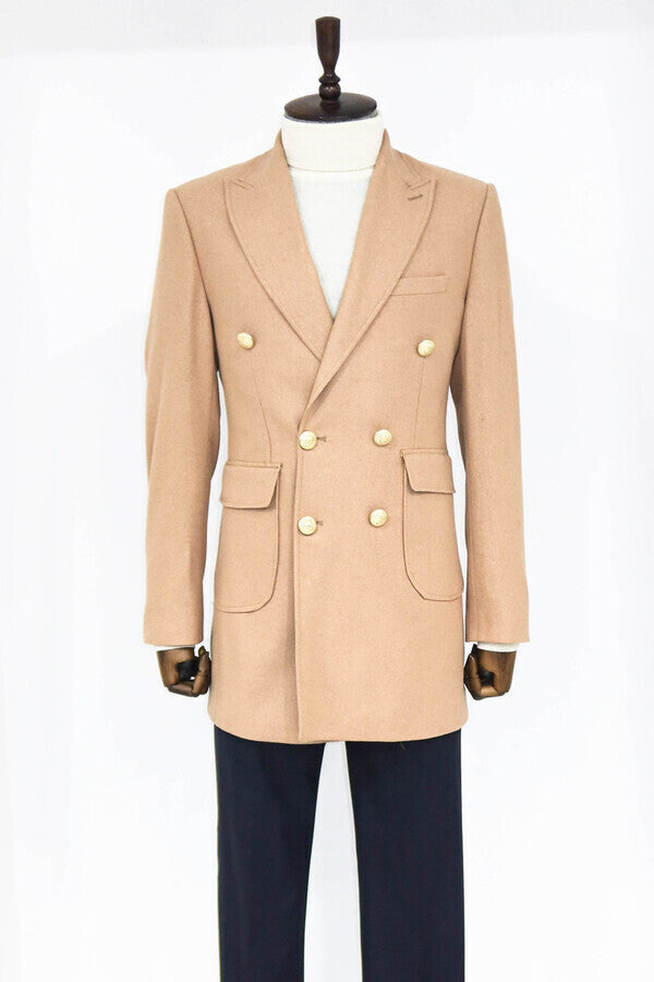 Metal Buttoned Double Breasted Cream Men Coat - Wessi