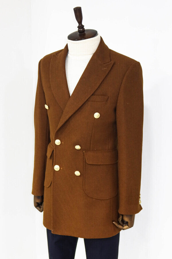 Metal Buttoned Double Breasted Tan Men Coat - Wessi