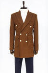 Metal Buttoned Double Breasted Tan Men Coat - Wessi