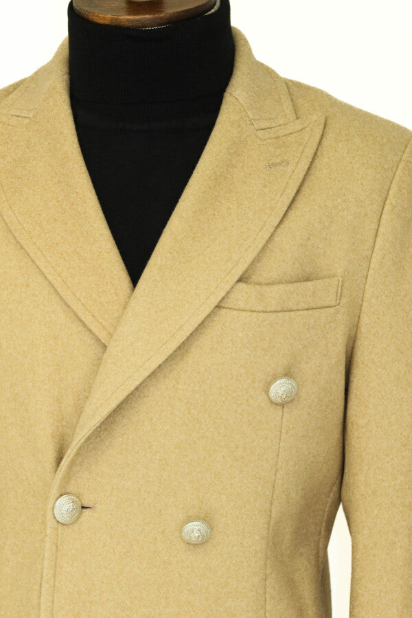 Metal Buttons Wool Cashmere Beige Men Double Breasted Coat - Wessi