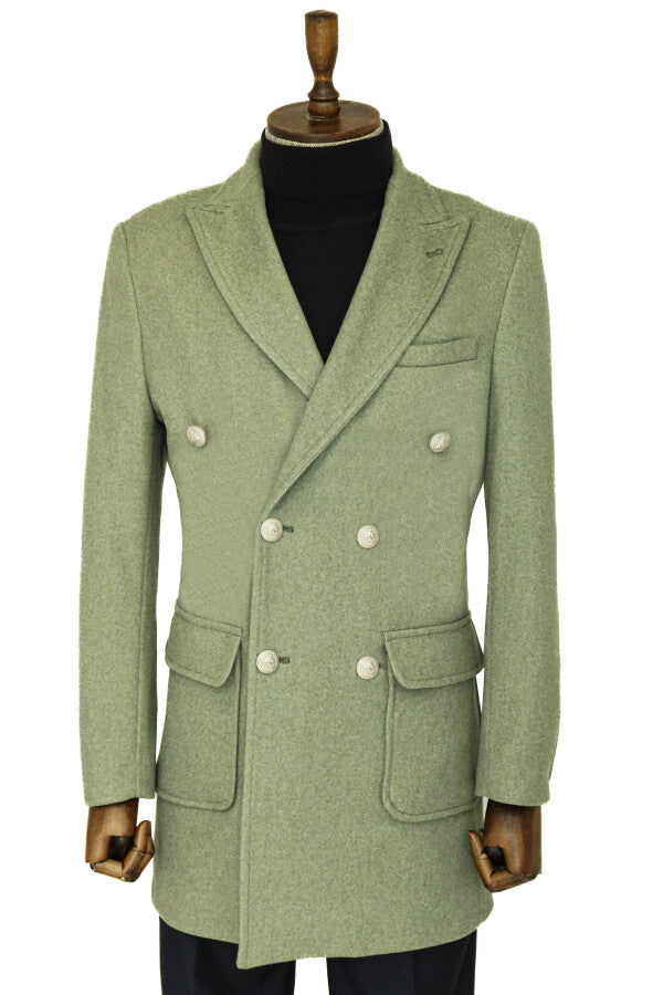 Metal Buttons Wool Cashmere Green Men Double Breasted Coat - Wessi