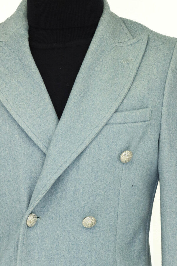 Metal Buttons Wool Cashmere Light Blue Men Double Breasted Coat - Wessi