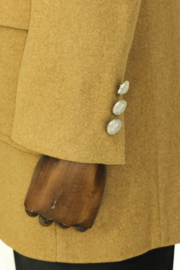 Metal Buttons Wool Cashmere Tan Men Double Breasted Coat - Wessi