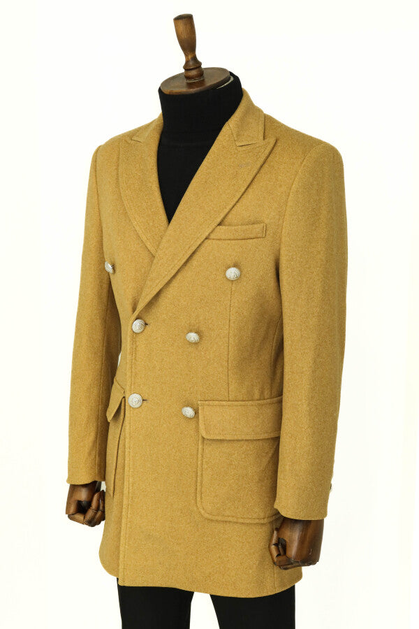 Metal Buttons Wool Cashmere Tan Men Double Breasted Coat - Wessi