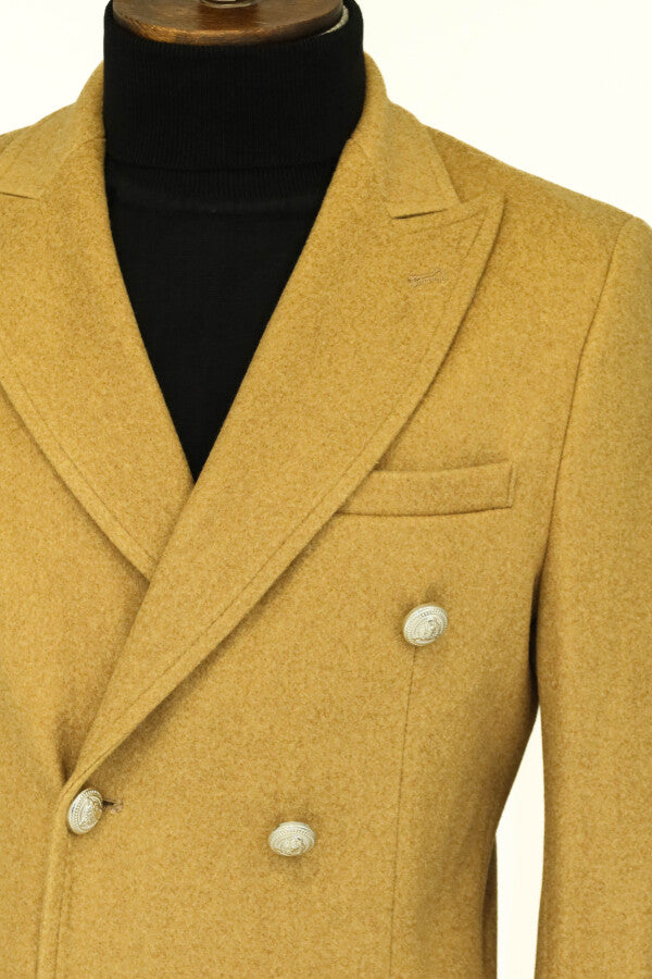 Metal Buttons Wool Cashmere Tan Men Double Breasted Coat - Wessi