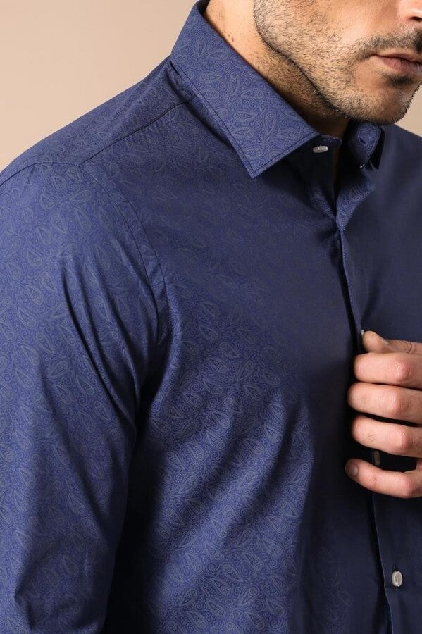 Navy Blue Floral Patterned Slim Fit Shirt - Wessi