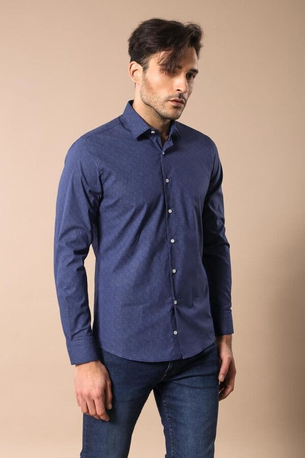 Navy Blue Floral Patterned Slim Fit Shirt - Wessi