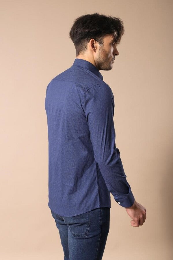 Navy Blue Floral Patterned Slim Fit Shirt - Wessi