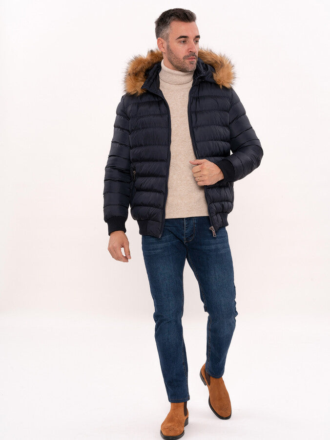 Navy Blue Hooded Men's Down Coat | Wessi