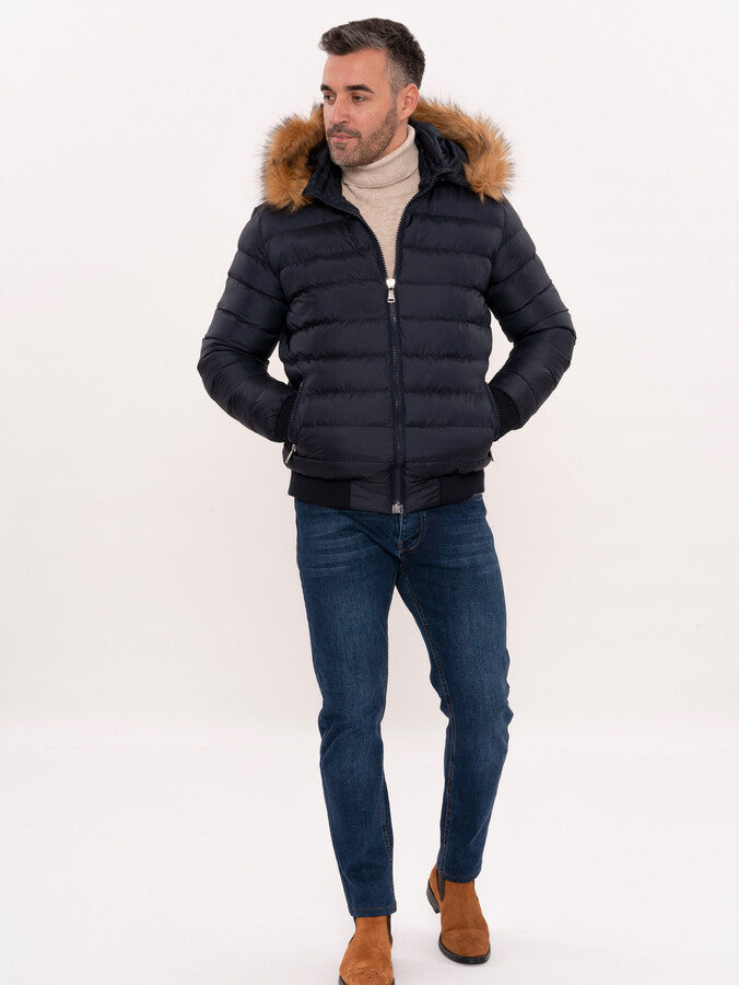 Navy Blue Hooded Men's Down Coat | Wessi