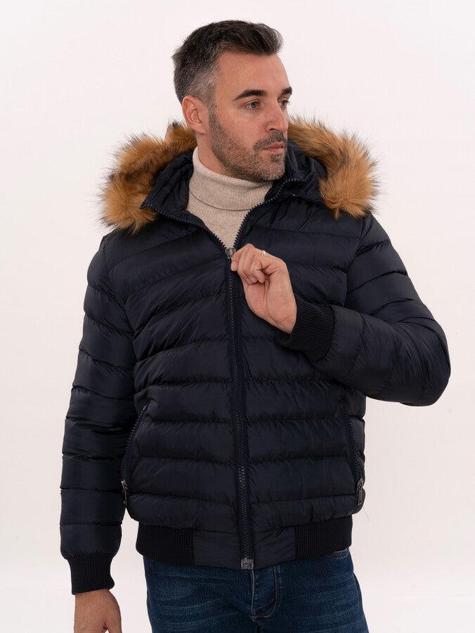 Navy Blue Hooded Men's Down Coat | Wessi