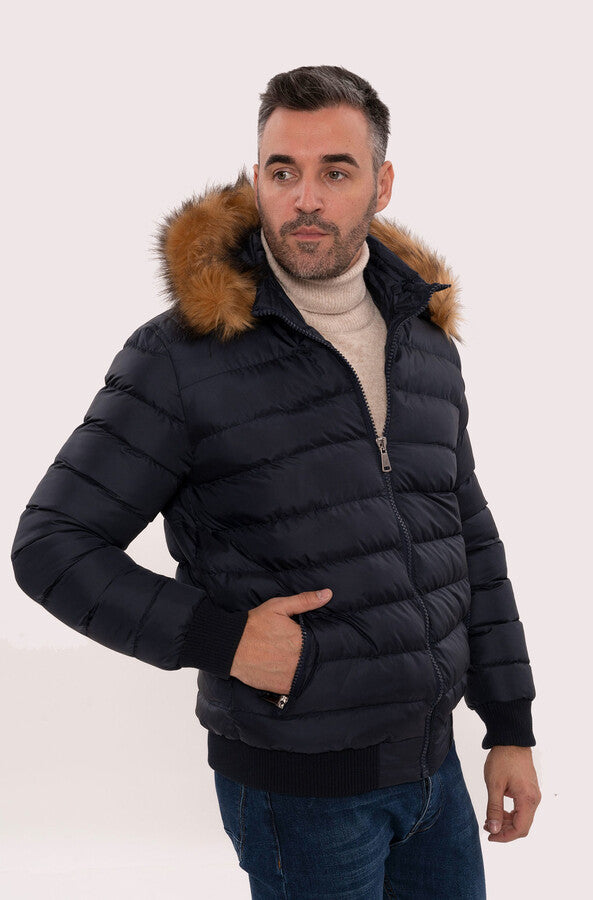 Navy Blue Hooded Men's Down Coat | Wessi