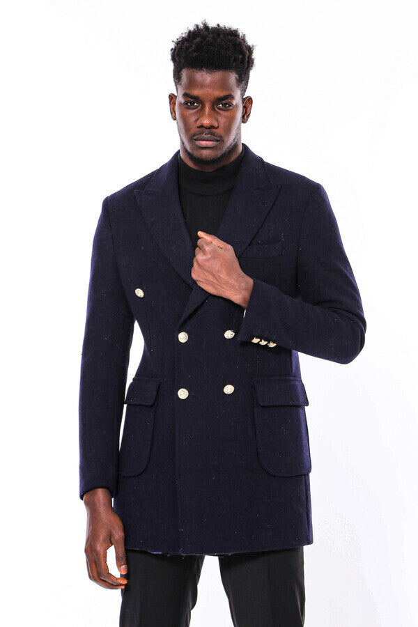 Navy Blue Metal Buttoned Double Breasted Long Coat - Wessi