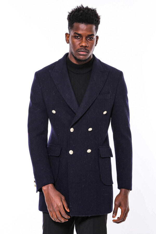 Navy Blue Metal Buttoned Double Breasted Long Coat - Wessi