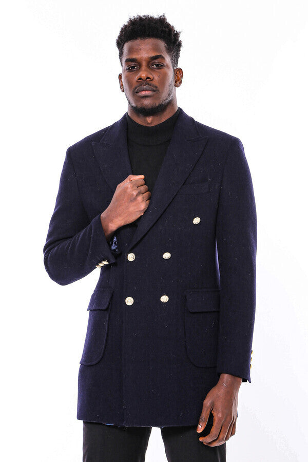 Navy Blue Metal Buttoned Double Breasted Long Coat - Wessi