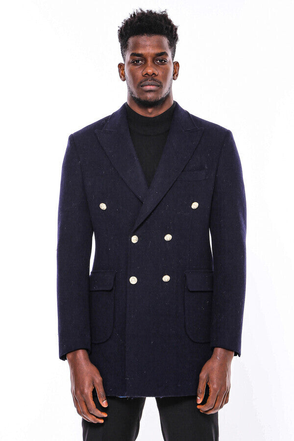 Navy Blue Metal Buttoned Double Breasted Long Coat - Wessi