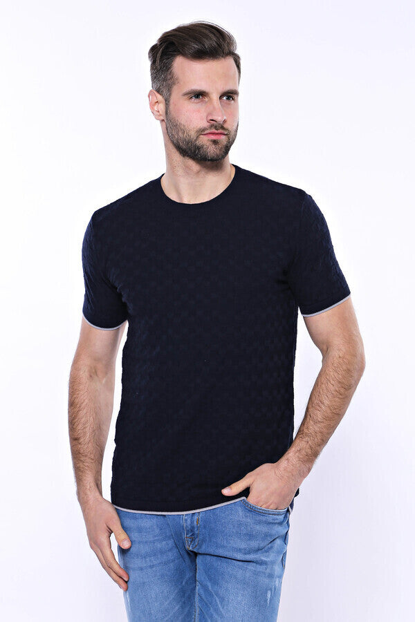 Patterned Tricot Knitted Navy Blue Men T-Shirt - Wessi