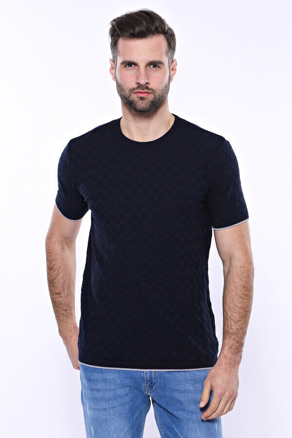 Patterned Tricot Knitted Navy Blue Men T-Shirt - Wessi