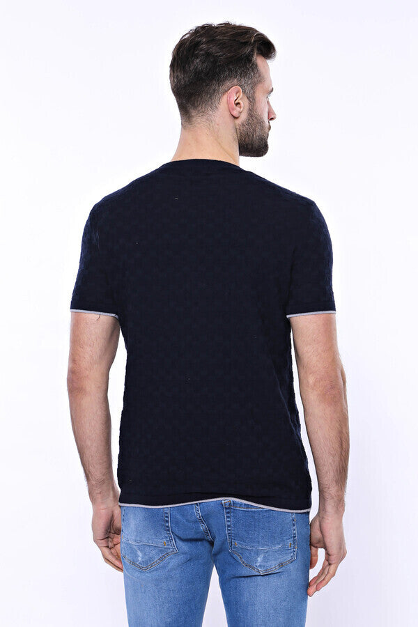 Patterned Tricot Knitted Navy Blue Men T-Shirt - Wessi