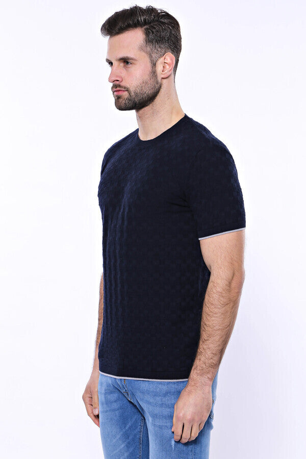 Patterned Tricot Knitted Navy Blue Men T-Shirt - Wessi