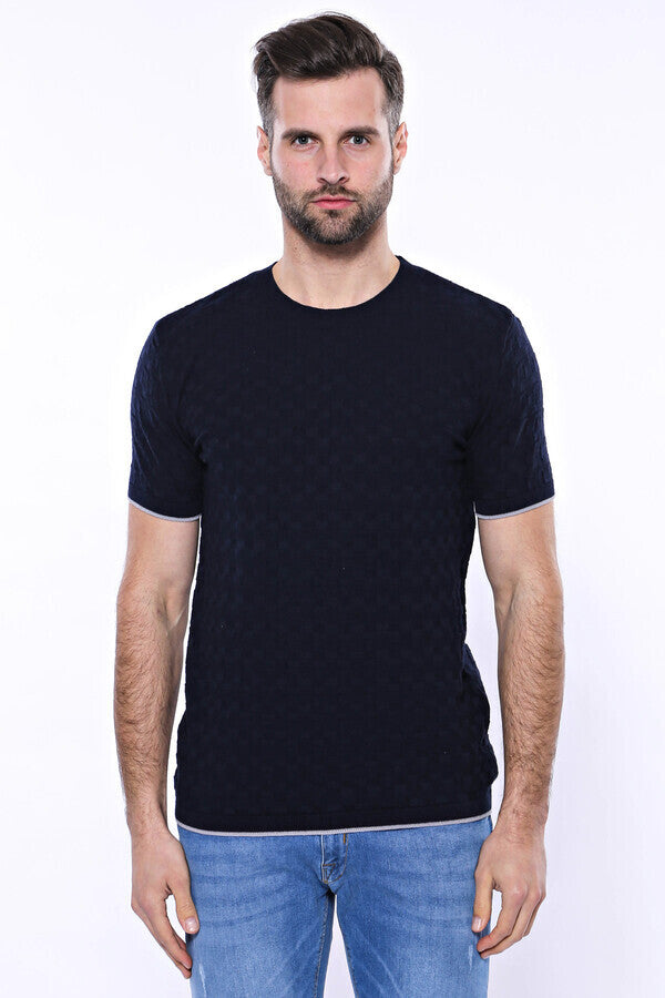 Patterned Tricot Knitted Navy Blue Men T-Shirt - Wessi