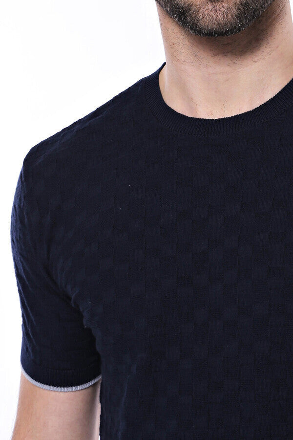 Patterned Tricot Knitted Navy Blue Men T-Shirt - Wessi