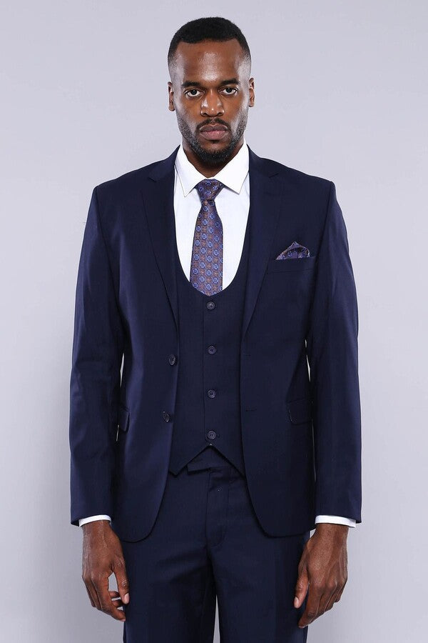 Navy Blue Plain 3-Piece Suit with Vest | Wessi