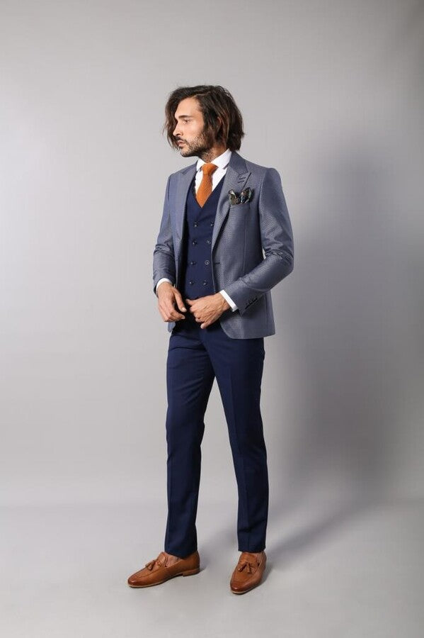 Navy Blue Self-Patterned Vested Suit | Wessi