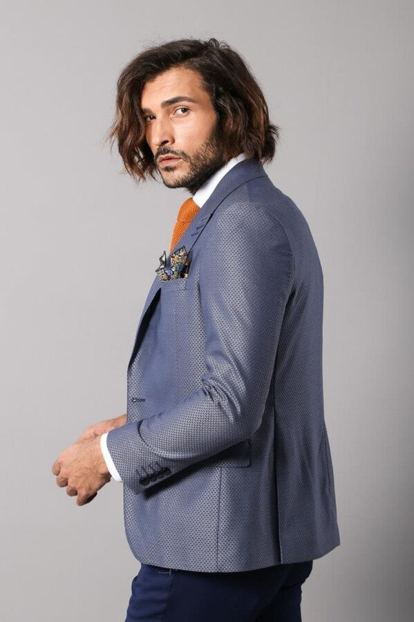 Navy Blue Self-Patterned Vested Suit | Wessi