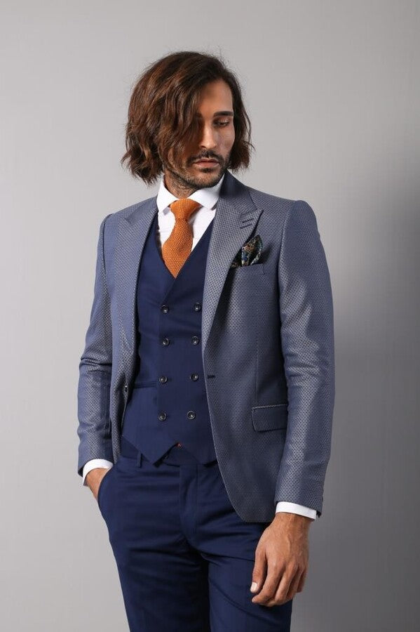 Navy Blue Self-Patterned Vested Suit | Wessi